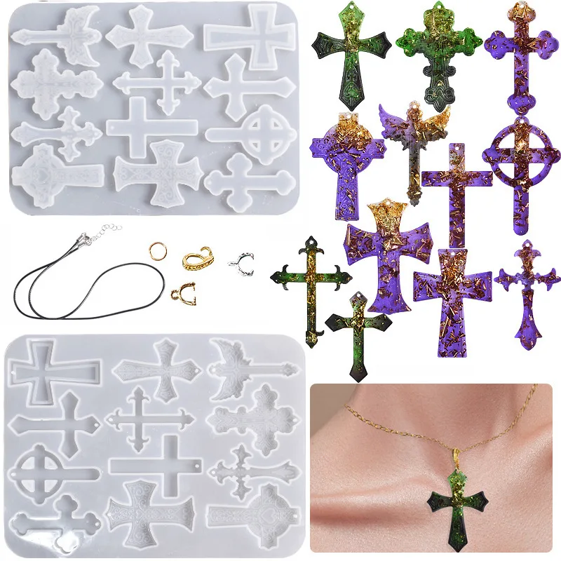 12pcs Cross Pendants Resin Silicone Mould for Jewelry Making DIY Crystal Epoxy Keychain Pendant