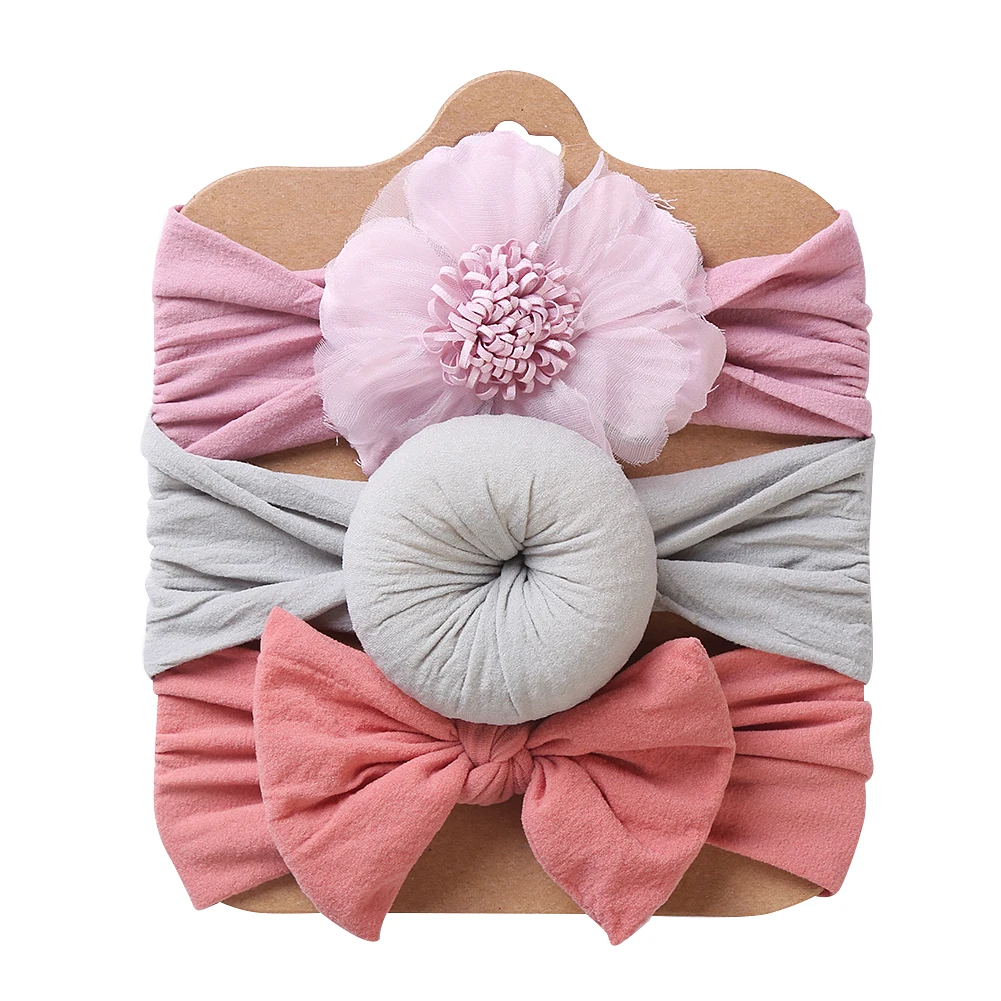 3Pcs/Lot Solid Nylon Baby Headbands Lace Flower Bow Hair Bands Newborn Donuts Headwraps Cute Fashion