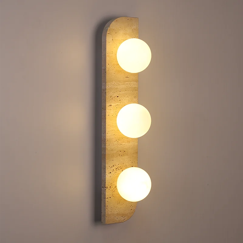 Retro Three Heads Natural Stone Art Wall Lamp Yellow Travertine LED Sconce White Glass Lampshade