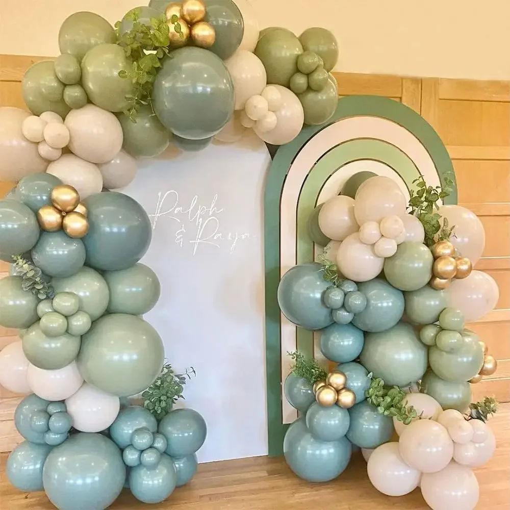 136pcs Dusty Green Blue Balloon Garland Arch Kit Sand White Beige Balloons for Boho Baby Bridal