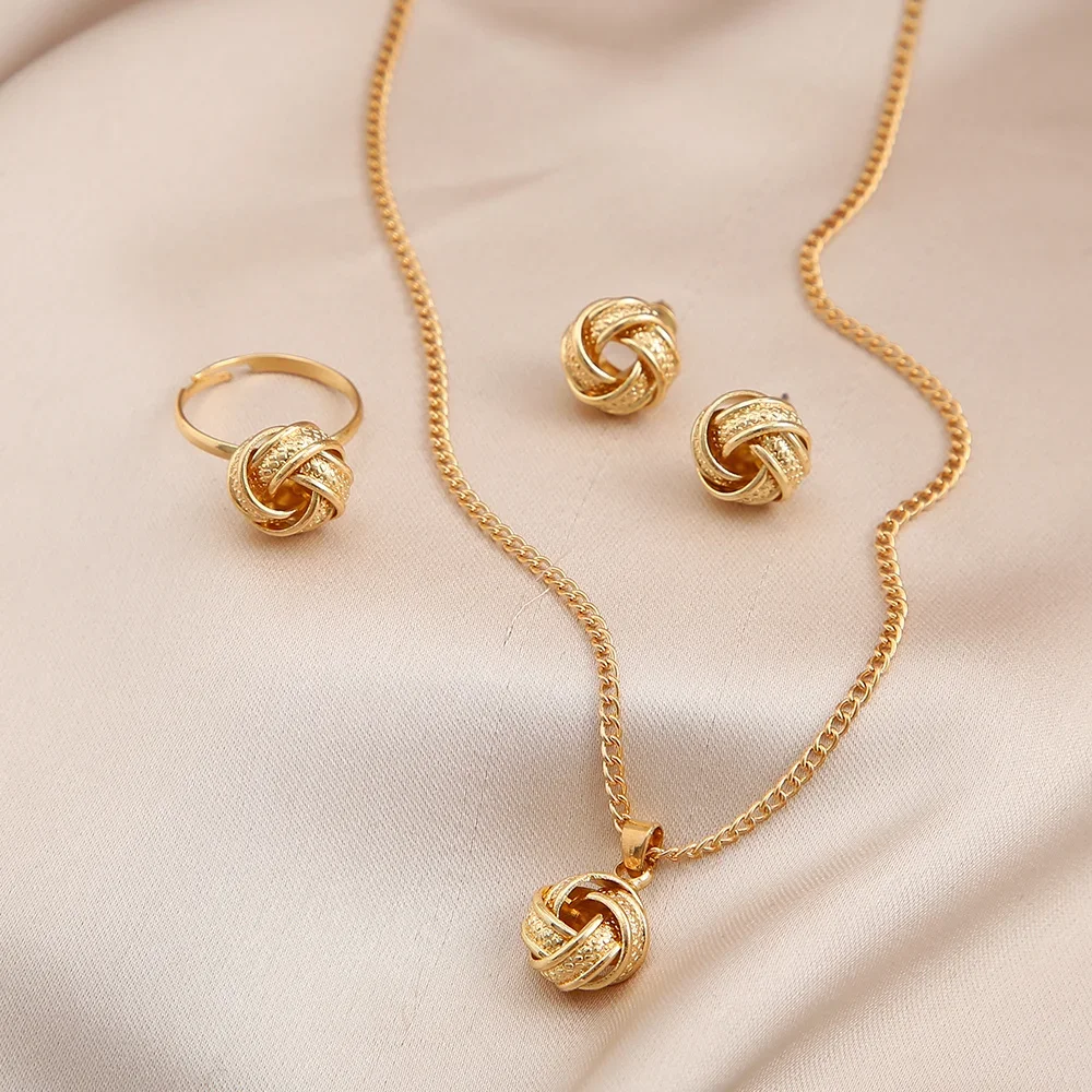 Gold Color Alloy Metal Twist Lucky Knot Earrings Necklace Ring Jewelry Set for Women Girls Trendy