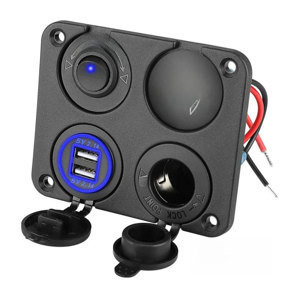 12V USB Panel Socket 4 in 1 Dual USB Charger with Rocker Switch Car Cigarette Lighter Digital