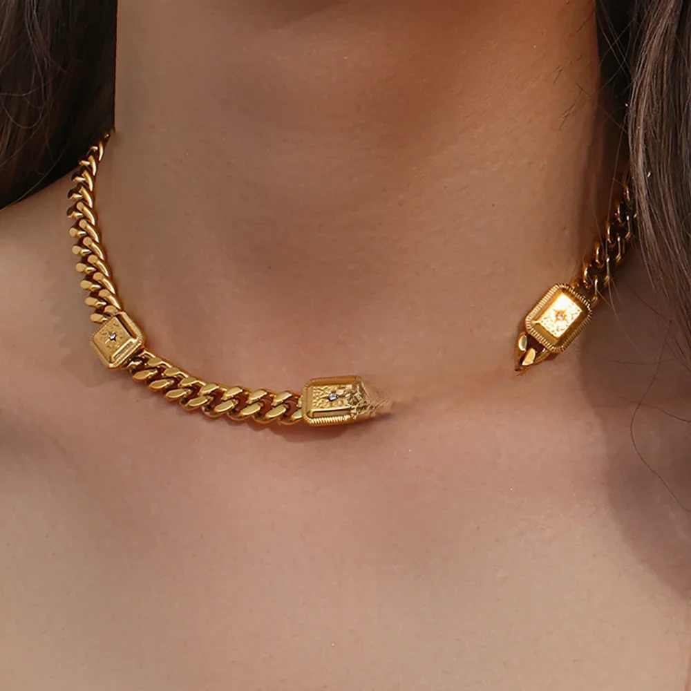 2022 New Stainless Steel PVD Plating Vintage Texture SquareTarot Charm Choker Necklace Earring