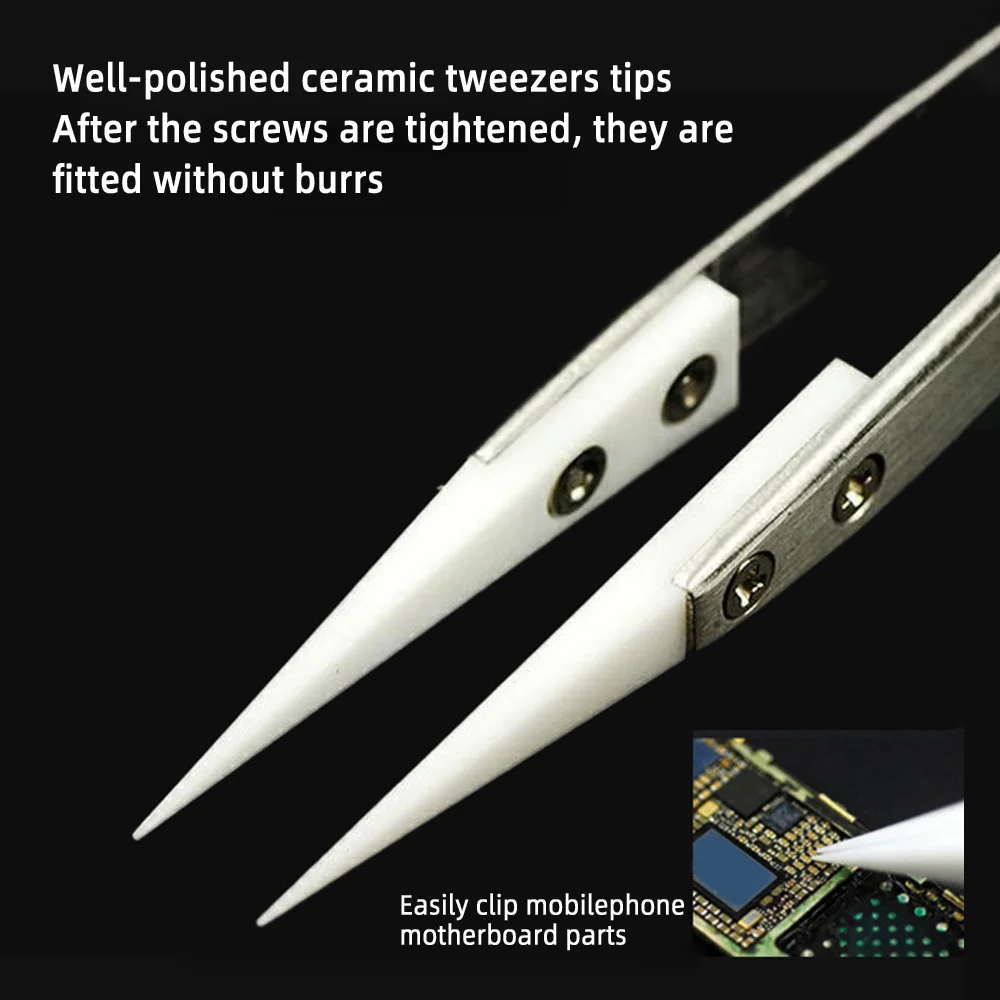 Anti-Static Ceramic Tweezers Stainless Steel Industrial Ceramic Tweezers Insulated Straight Tip