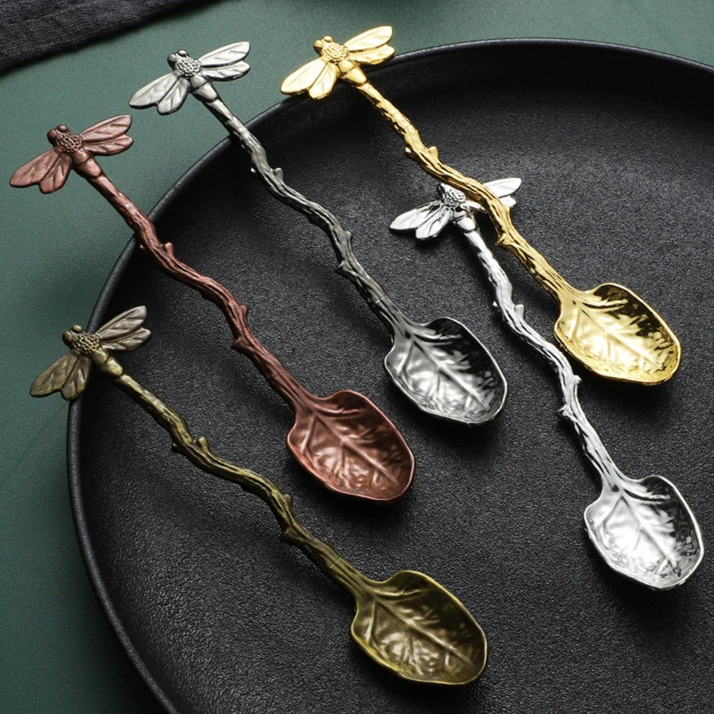 New Retro Coffee Spoon Dragonfly Twig Decorative Stirring Spoon Alloy Leaf Spoon Forest Style