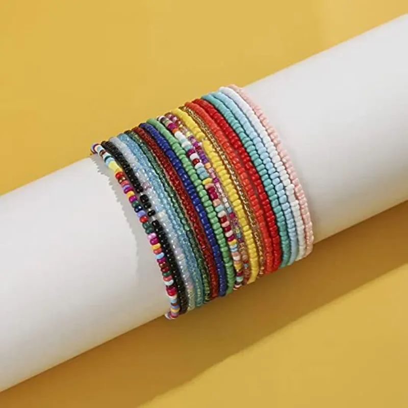12Pcs/pack Boho Colourful Rice Bead Anklet Set For Women Sandy Beach Chain On Leg Ankle Bracelet