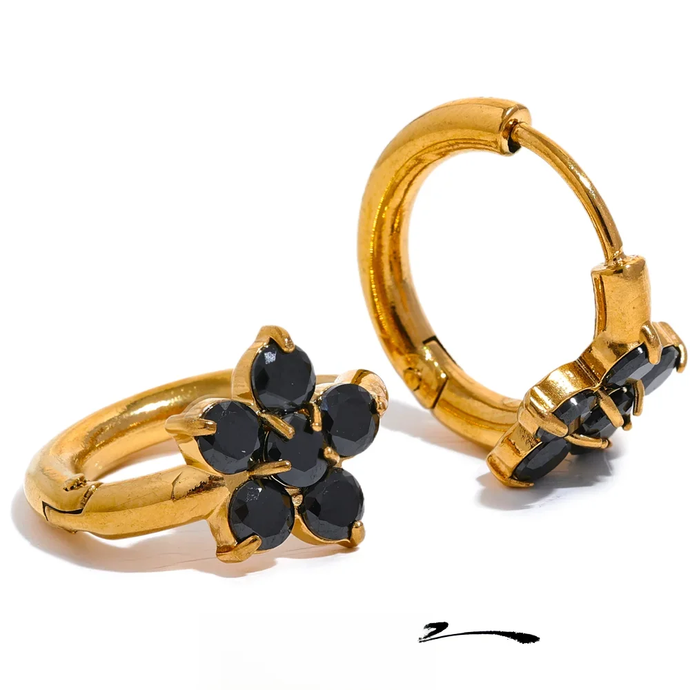Yhpup Exquisite Cubic Zirconia Stainless Steel Flower Golden Small Daily Hoop Earrings Trendy Women