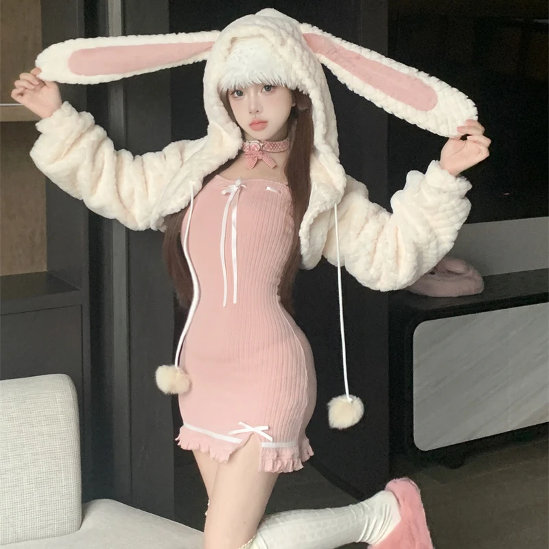 Autumn Winter Sweet Lolita Style 2 Piece Set Women Kawaii Bunny Ear Hooded Wool Coat Sexy Bow Slip