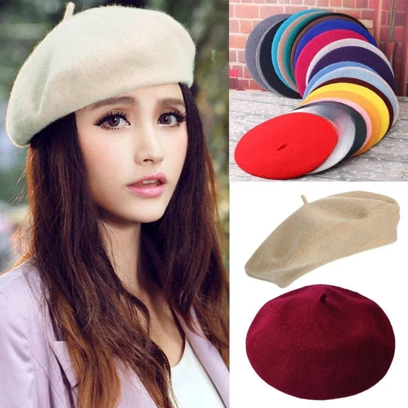 Wool Berets French Artist Style Warm Winter Beanie Hat Women Girl Retro Plain Beret Solid Color