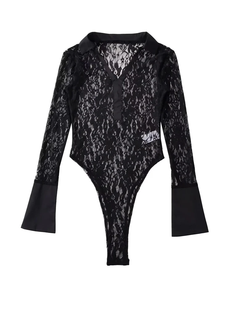 Sexy Black Lace Perspective Bodysuits Women Flare Sleeve Turn-down Collar Top Jumpsuits