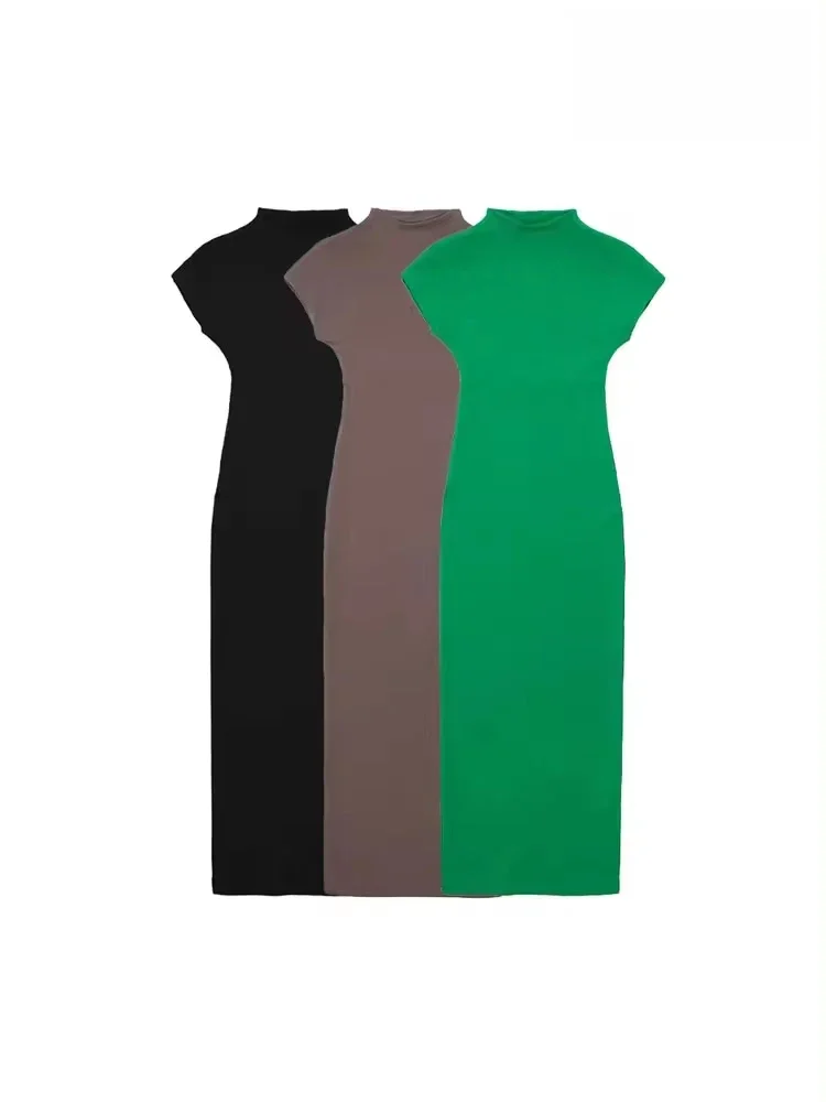 TRAF Women Fashion Fitted Knit Midi Dress Vintage O Neck Short Sleeve Female Dresses Vestidos Mujer