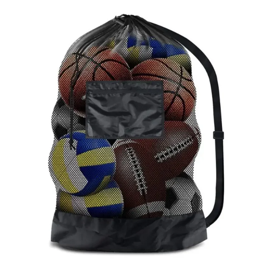 Large mesh sports bag with shoulder straps, drawstring bag for storing basketball, volleyball,