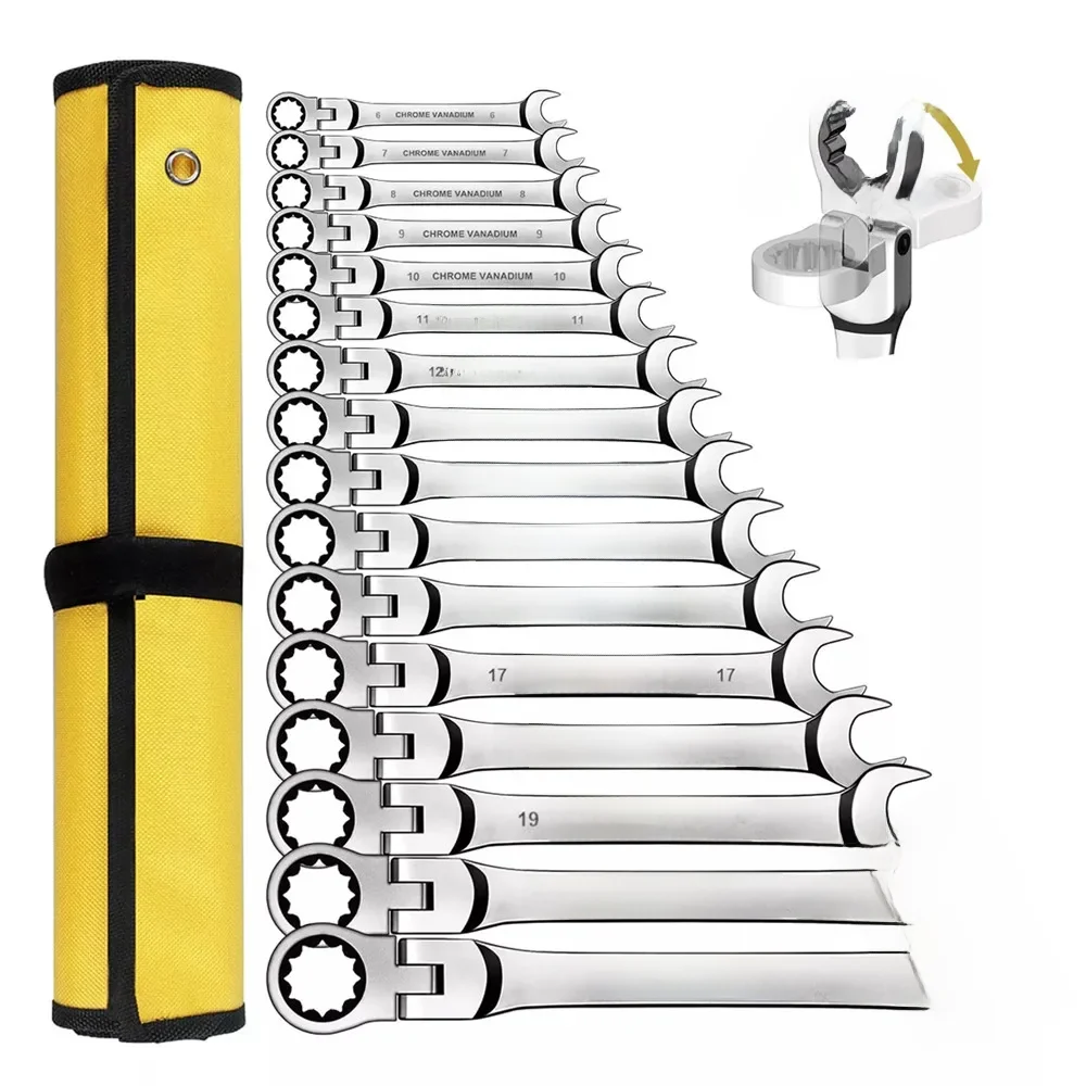 Flex Head Ratcheting Wrench Set,WOZOBUY Metric Ratchet Combination Wrenches Cr-V Gear Spanner Set