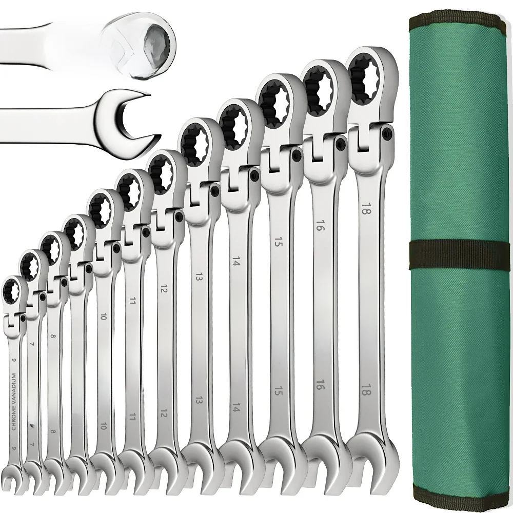 Ratchet Spanner Wrench Set 8-22mm Gear Ring Ratcheting Combination Wrench Kit Metric Flexible Head