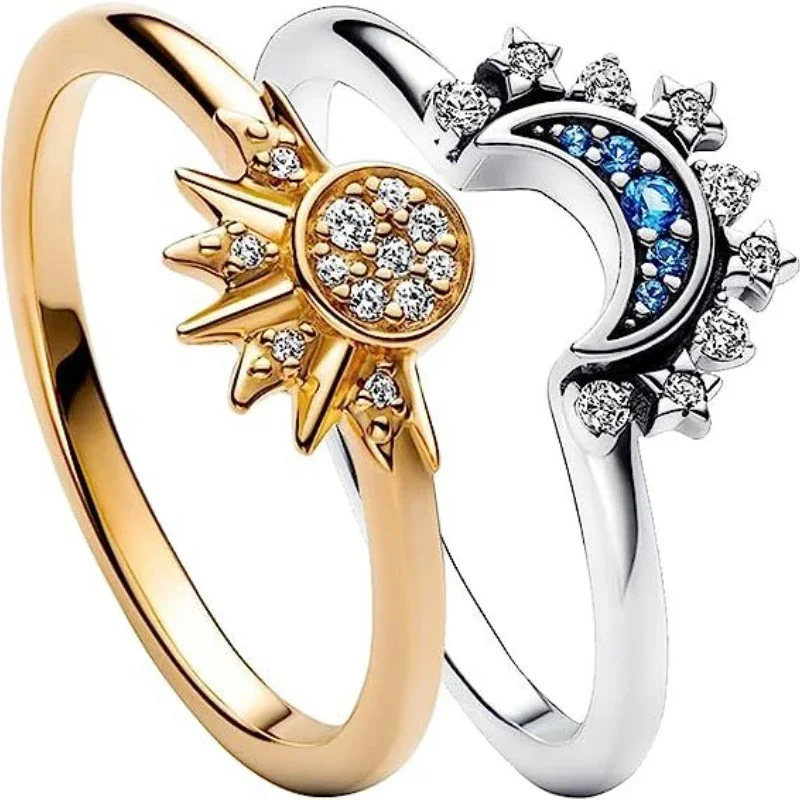 2pc/set Summer Couple Ring Set Sky Blue Sparkling Moon and Sun Ring 2023 New Women's Stackable
