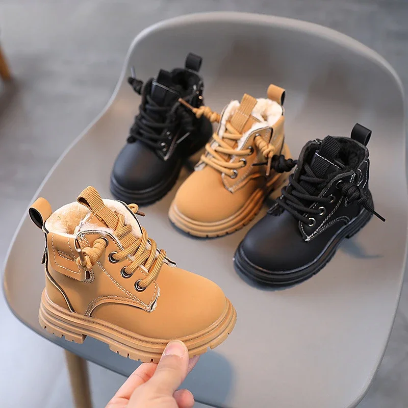 New Children's Fashion Boots Winter Thickened Boys Girls' Anti Slip Warm Leather Boots Side Zipper