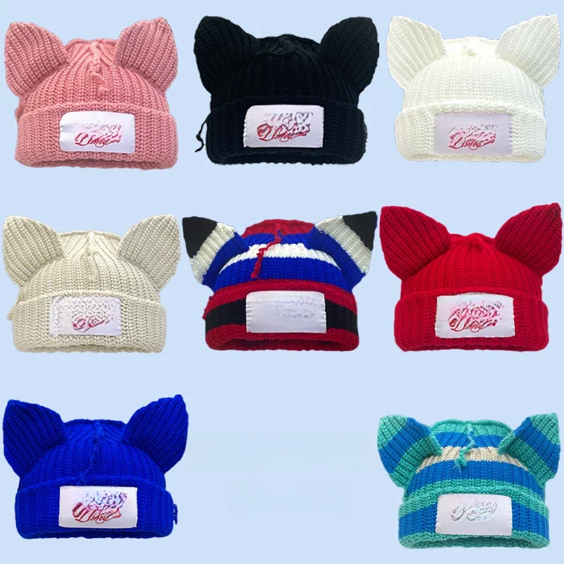 2023 New Long Ear Fox Hat Skullies Beanies Women Cute Rabbit Ears Crochet Knitted Hat Men Winter
