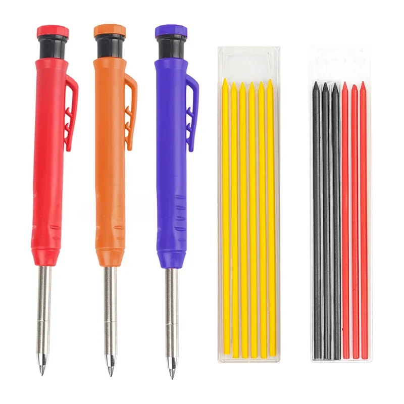 Solid Carpenter Pencil Set with 7 Refill Leads Built-in Sharpener Deep Hole Mechanical Pencil Marker