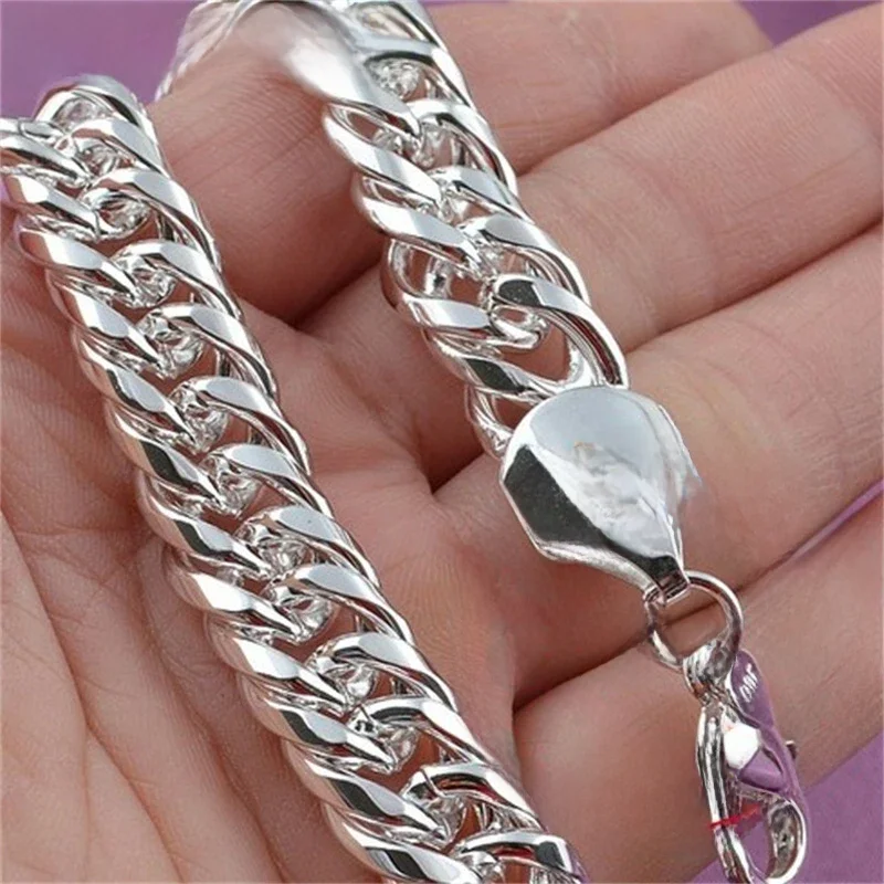 Noble 925 Sterling Silver Square Solid Chain Bracelet For Women Men Charm Party Gift Wedding Fashion