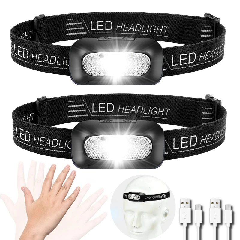 Mini Headlamp USB Rechargeable Head Light with Wave Sensor Flashlight Outdoor Lighting Lamp for