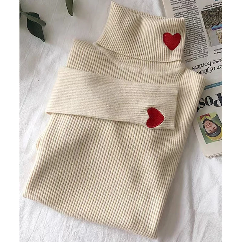 HELIAR Women Turtleneck Knit Warm Sweaters Heart Embroidered Pullover Slim Bottoming Causal Sweater