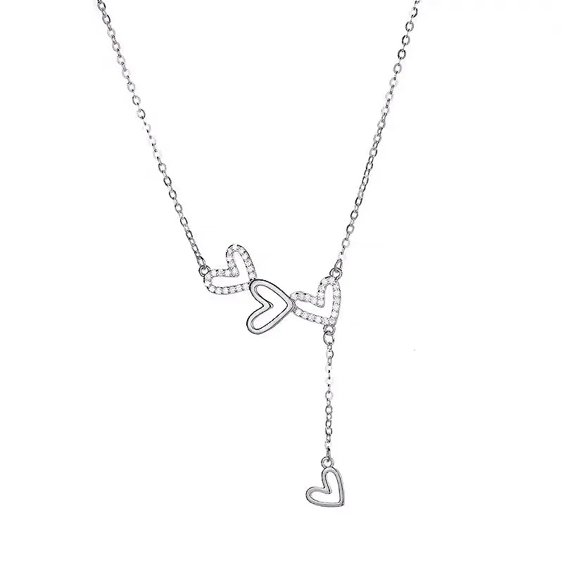 925 Sterling Silver Hollow Heart Necklace Sparkling Diamond Tassel Pendant Women's Clavicle Chain