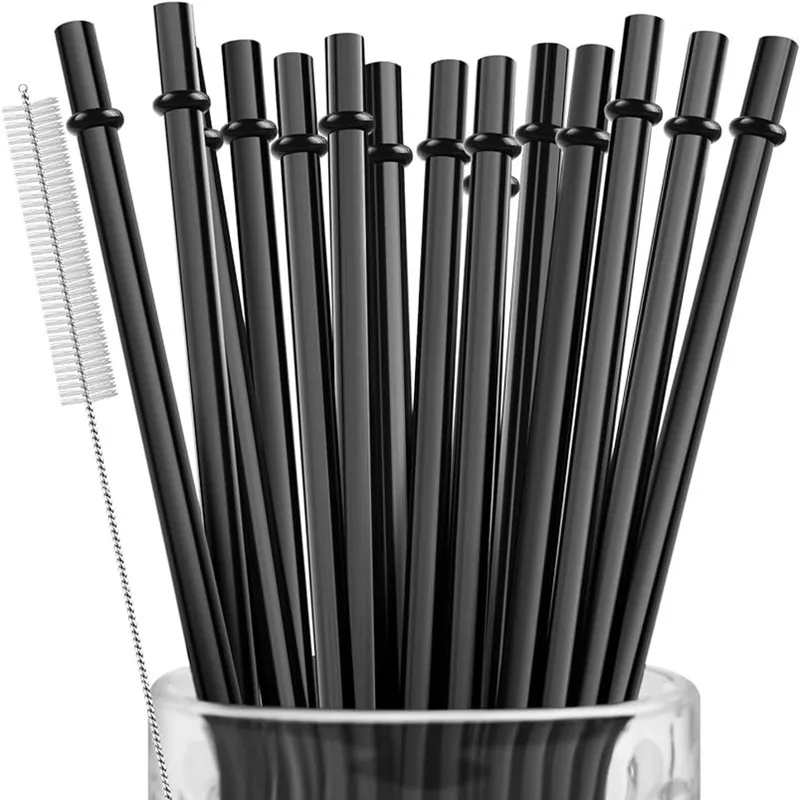 20 Pack Reusable Drinking Straws 9" Black Hard Plastic Straw for Mason Jar Tumbler Cup with Cleaning
