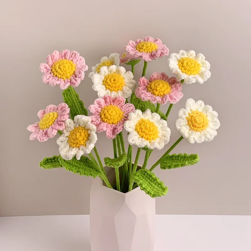 1PC Knitted Daisy Flower Crochet Flower Hand Woven Bouquet for Wedding Bride Party Decoration
