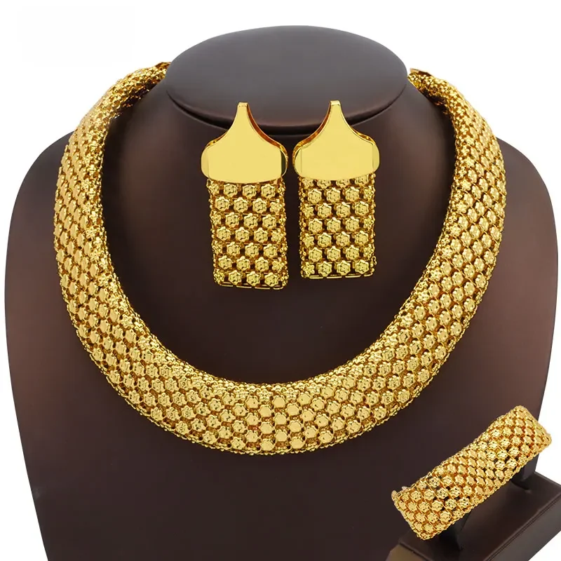 SUNNESA Trendy African Jewelry Set for Women Chunky Necklace Earrings Dubai Gold Plated Bracelet