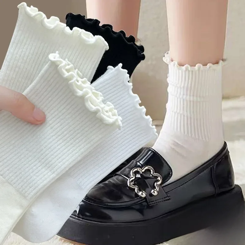 1/2/3pairs Cotton Ruffles Ankle Socks Women Lolita Cute Kawaii Korean Stocking Girl Spring Black