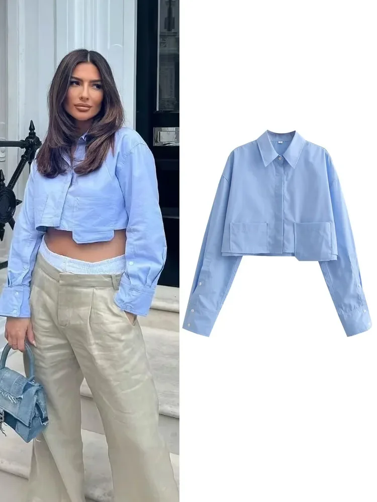 TRAF Women's Cropped Shirt Fashion Woman Blouse 2024 White Blue Striped Shirts and Blouses Autumn