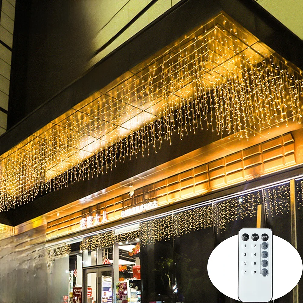 3.5-40M LED Icicle String Lights Christmas Curtain Fairy Lights Garland Remote Outdoor For New Year