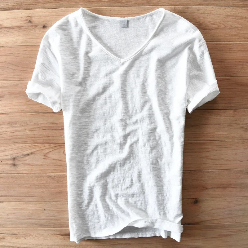100% Cotton Short Sleeve V-Neck T Shirt Men Solid White Men T-Shirt Summer Comfortable and