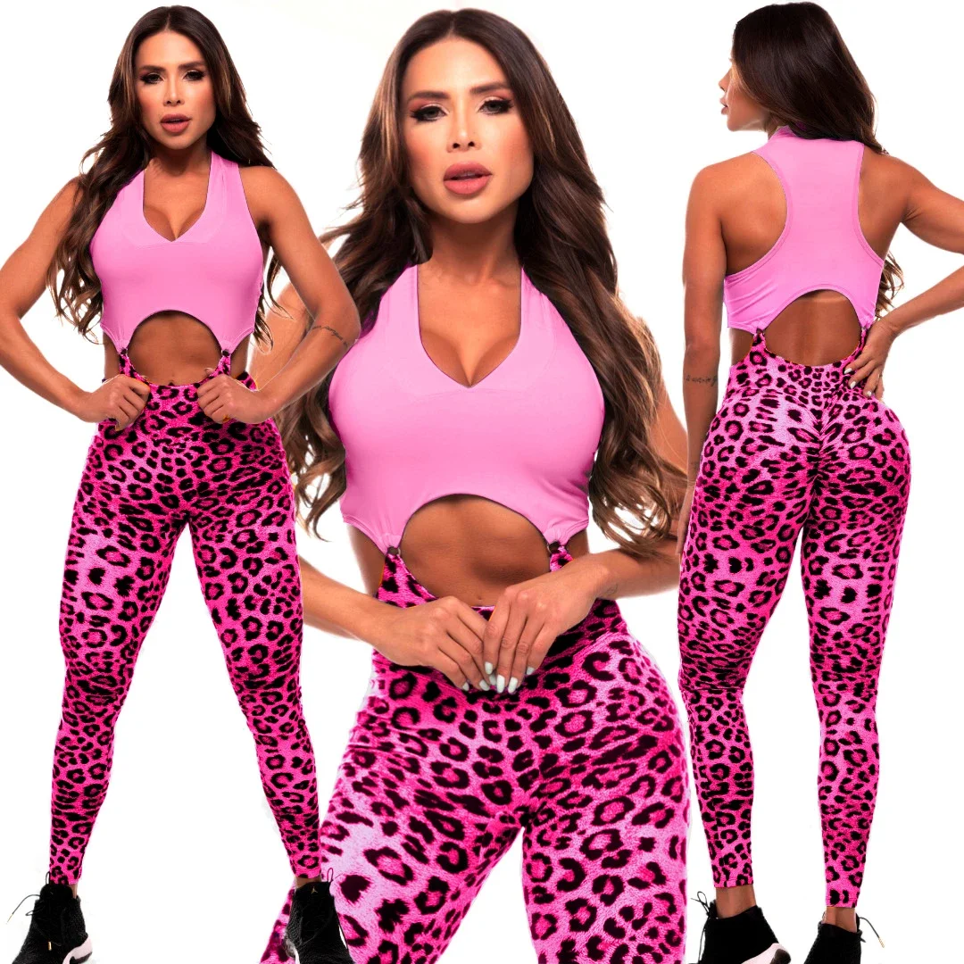2024 Pad Seperate Sport Bra Scrunch Pant Leopard One Piece Jumpsuits Women Bodycon Workout Legging