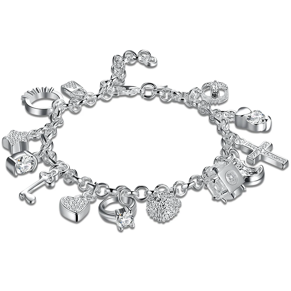 KCRLP Fashion 925 Sterling Silver Fine Zircon Heart Key Pendant Bracelet for Woman Party Gifts