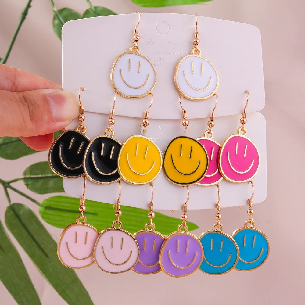 Aihua Cute Enamel Irregular Round Smile Face Earrings for Women Girls Lovely Smile Pendant Earrings
