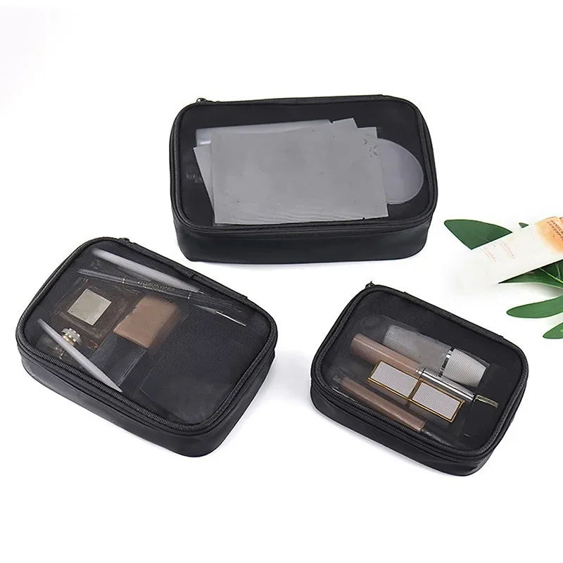 Women Fashion Makeup Bag Women Solid Color Zipper Cosmetic Bag Mesh Transparent Casual Travel