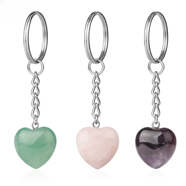 CSJA Heart Keychain Accessories Natural Stone Cute Door Car Keychains for Girls Couple DIY