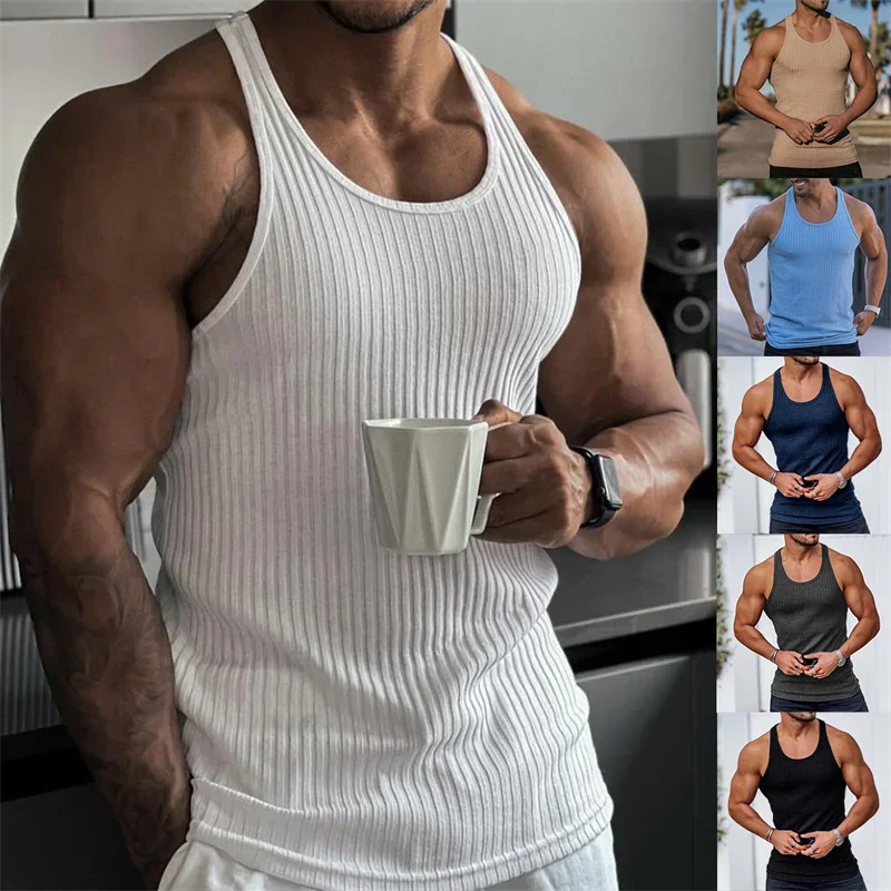 2024 Summer men Vest stripe gym Tank top Men Fitness sleeveless shirt Male Exercise Sports vest