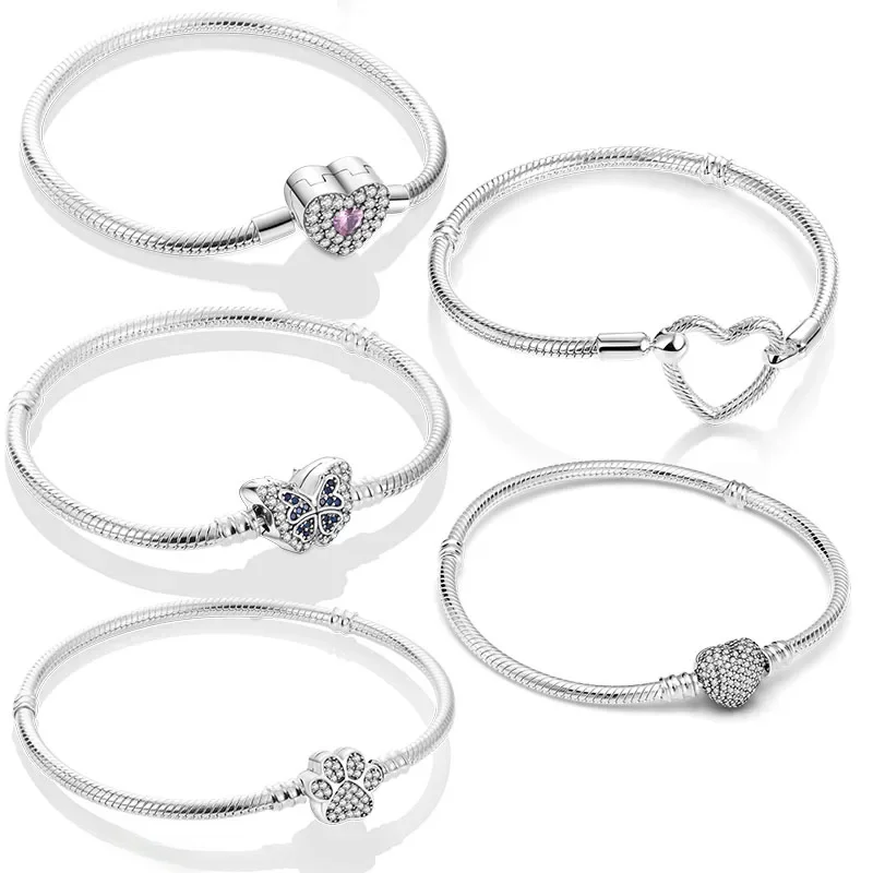 925 Silver Heart Snake Chain Bracelet For Women Infinite Knot Butterfly Infinity Clasp Femme