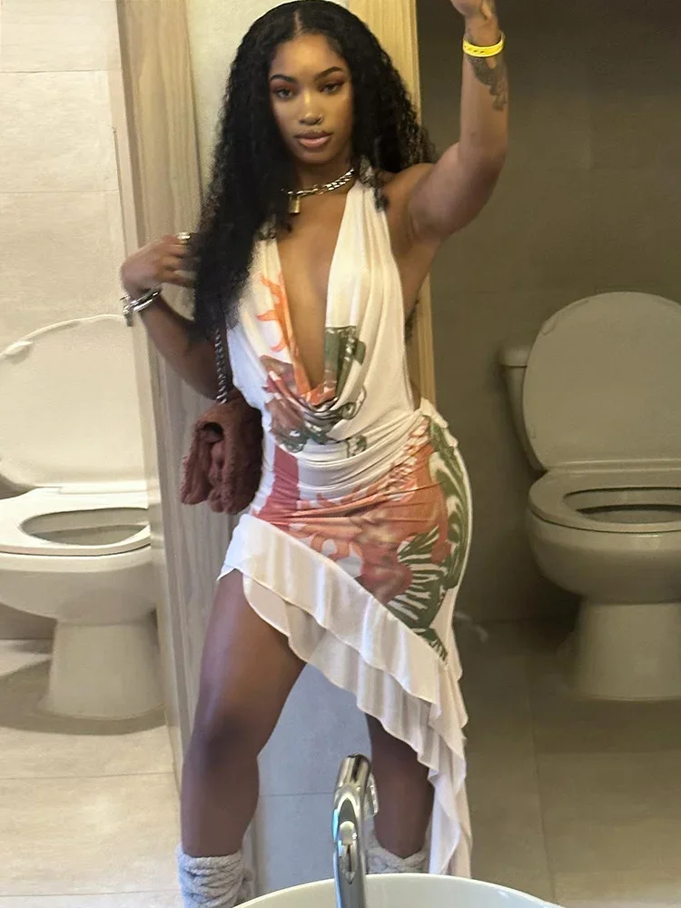 Weird Puss Irregular Halter Sexy Dress Women Backless Sleeveless Elegant Deep V-Neck Y2K Bodycon