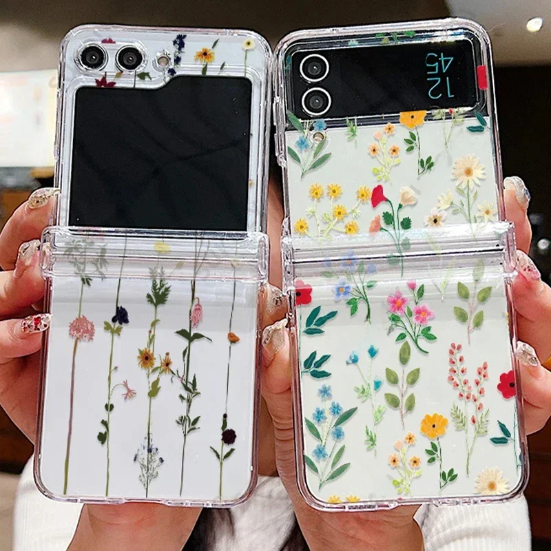 Floral Transparent Folding Phone Case For Samsung Galaxy Z Flip 6 5 4 3 Hard Back Cover For Samsung