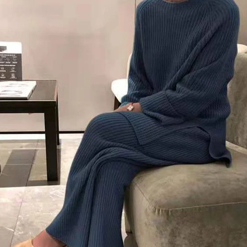 Jocoo Jolee Women Loose Knit Sweater Suit Solid Color O Neck Pullover Wide Leg Pants Suit Autumn