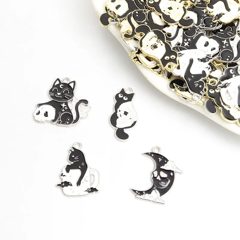 10pcs Halloween Creative Black Cat Skull Moon Star Design Enamel Charms DIY Gothic Punk Style