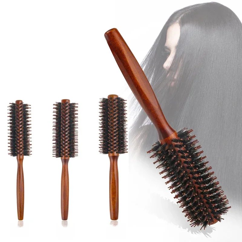 3 Types Straight Twill Hair Comb Natural Boar Bristle Rolling Brush Round Barrel Blowing Curling DIY