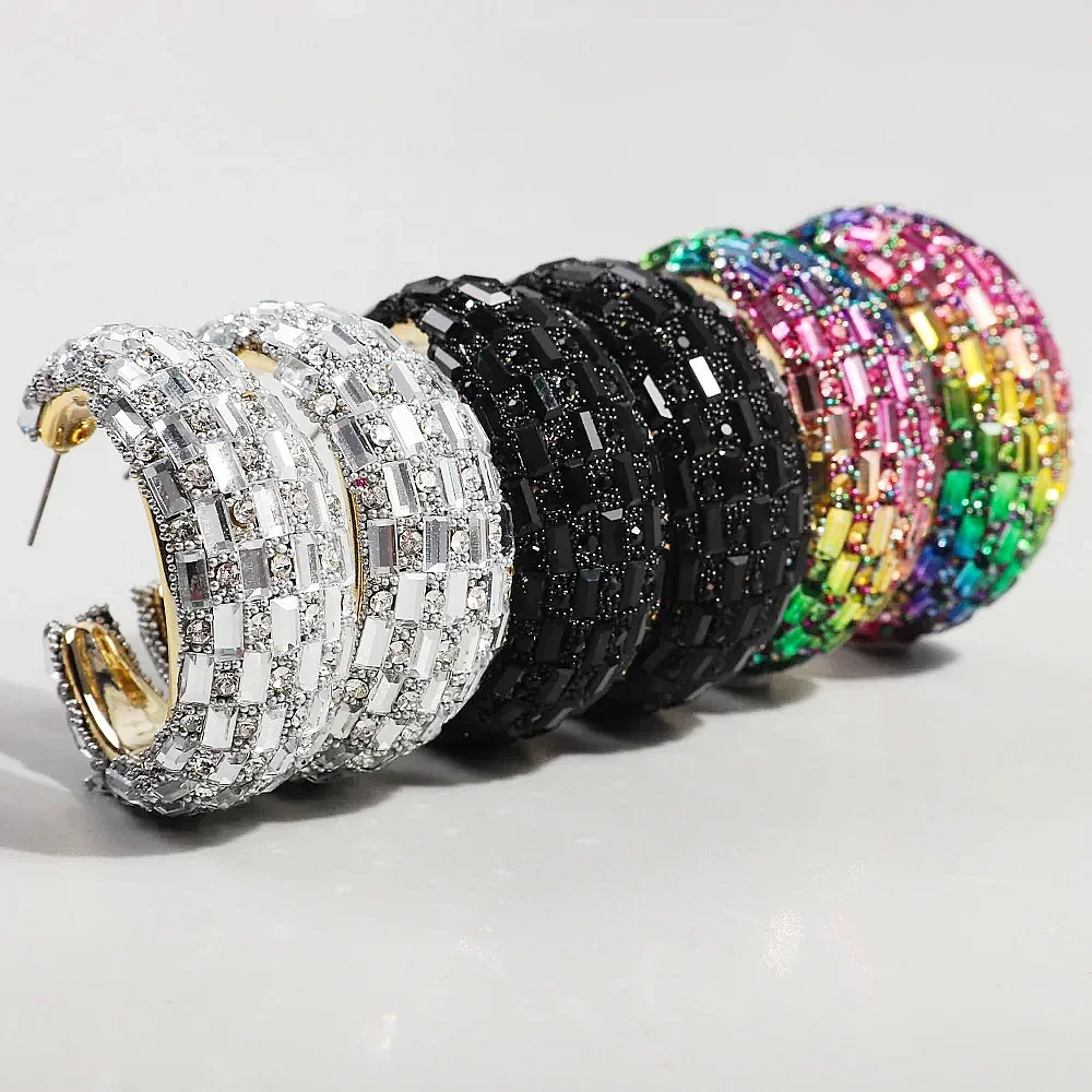 FishSheep Luxury C-Shape Crystal Hoop Earrings for Women Bohemian Colorful Acrylic Wide Hoops