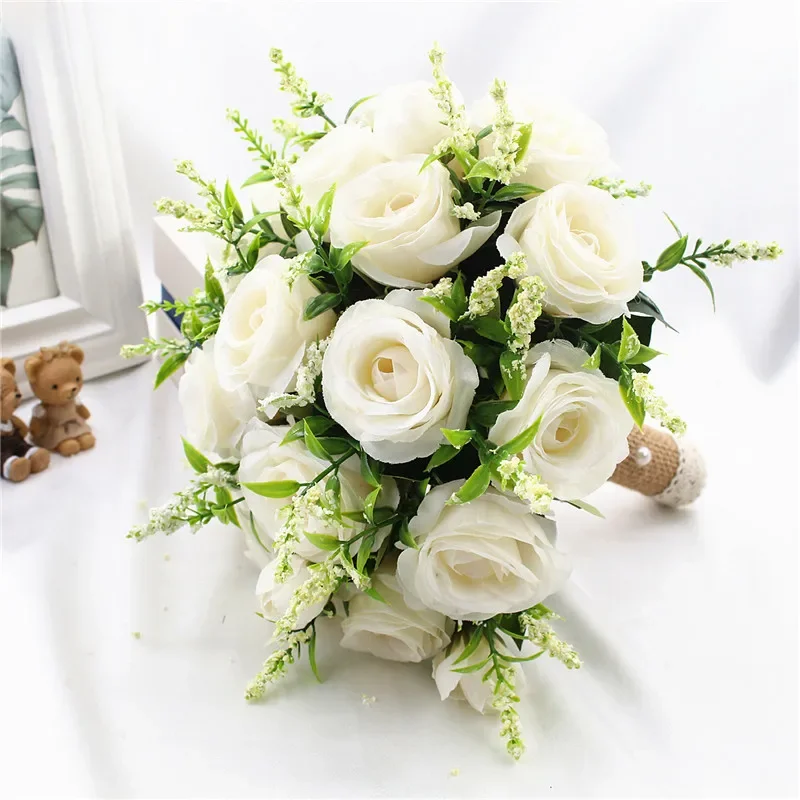 Bridal Bouquet Artificial Flower Wedding Holding Flowers White Artificial Natural Rose for