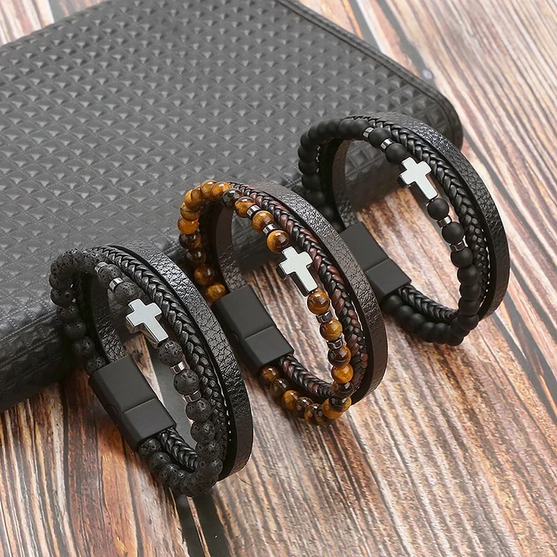 Vintage Multi-Layer Leather Bracelet Men Punk Cross Charm Tiger Eye Stone Beads Bracelet Fashion