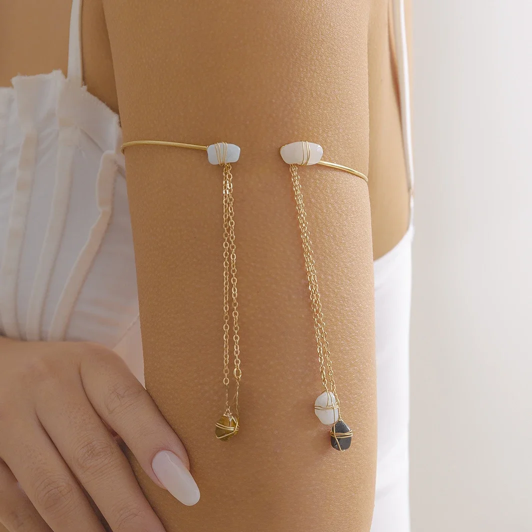 Ingemark Bohemian Natural Stone Upper Armband Cuff Open Bangles for Women Tassel Long Chain Pendant