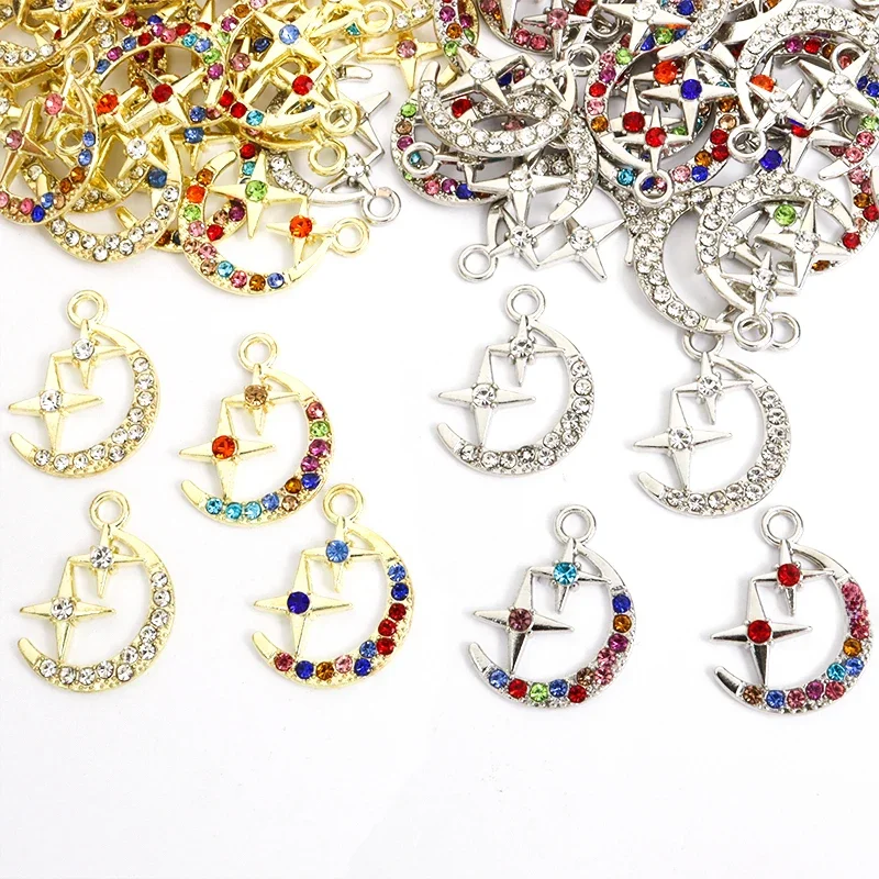 10pcs Temperament Stars&Moon Rhinestones Inlaid Alloy Charms Trendy Simple Jewelry Findings For DIY